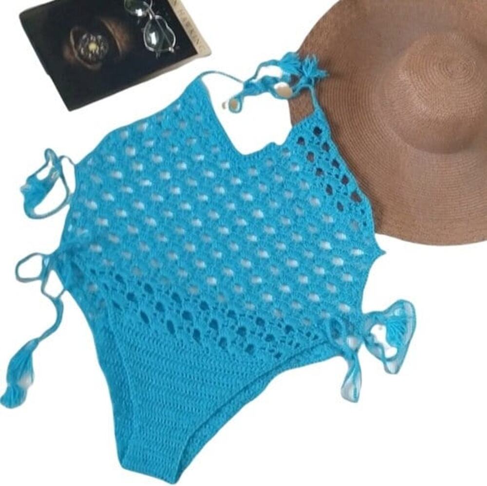 Boho Crochet Swimsuit Bodysuit Turquoise One Piece Plus Size OSFM unlined tassel